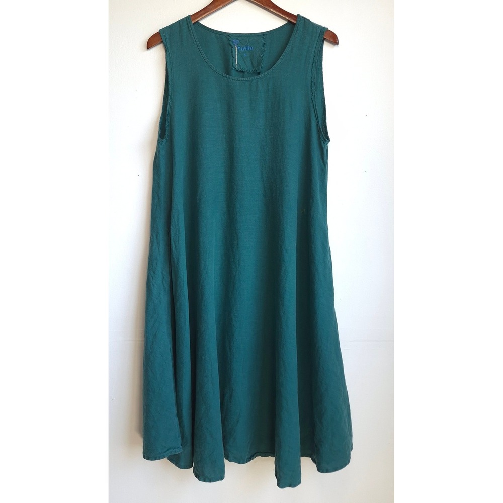 Yuvita Linen Sleeveless Dress Teal Green Sz M Boho Coastal Lagenlook Maxi Flowy